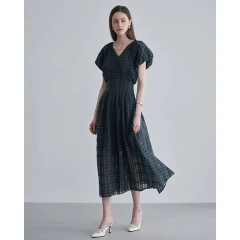 르니앤맥코이 시스루 체크 퍼프소매 원피스