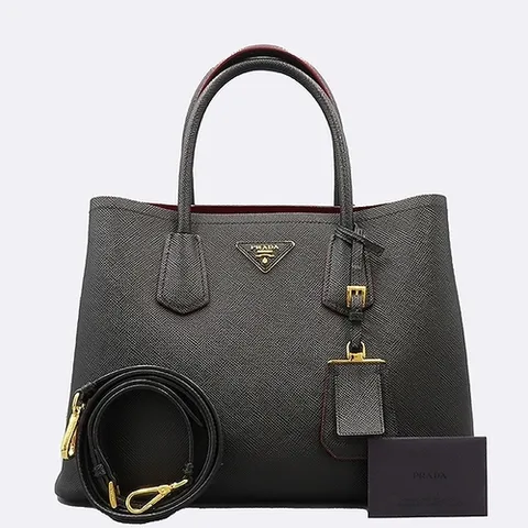 프라다 고이비토 중고명품 Prada(프라다) 1BG775 블랙 사피아노 삼각 로고 두블레 토트백 + 숄더스트랩 2WAY