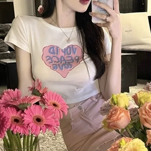 엄지척 여자 크롭 스타일 반팔 1P 하트 고품질 반소매 데일리19646766667501