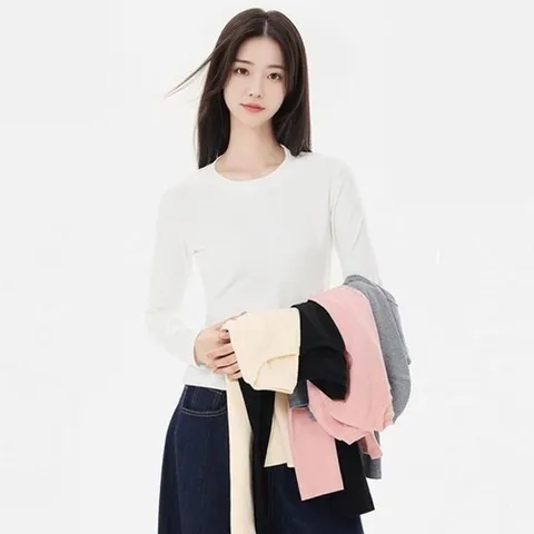셀러허브 패션 [라일리여성의류] Rly 여자 가을 면티 봄 슬림 세미크롭 긴팔 라운드