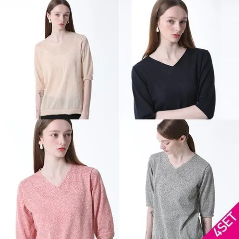 르오트 4SET [홈쇼핑방송/르오트(LeOT)] 린넨블렌디드 워셔블 브이넥 반팔니트 4종세트