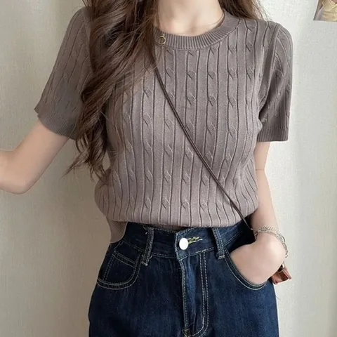 기타 여자 데일리 꽈배기 케이블 반팔 니트 E81 (KYR-WFHEBZC)