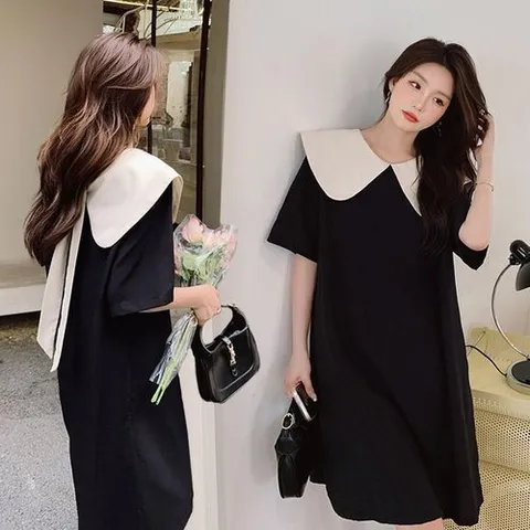 셀러허브 패션 [오노마] ONM 데일리 여성 배색 와이드 카라 블랙 쁘띠 원피스