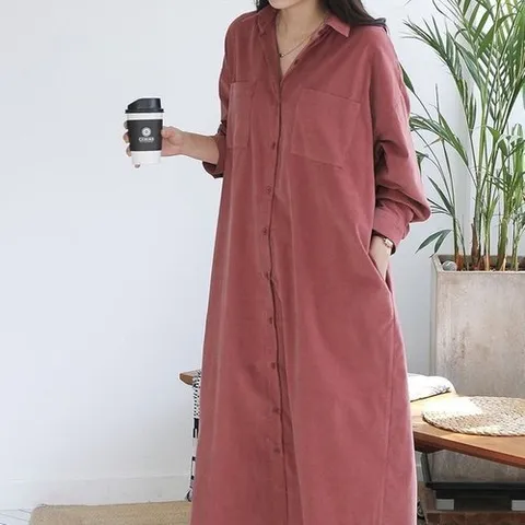 옷자락 여자 셔츠원피스 골덴 투포켓 빅사이즈 가을 롱원피스_P374551361