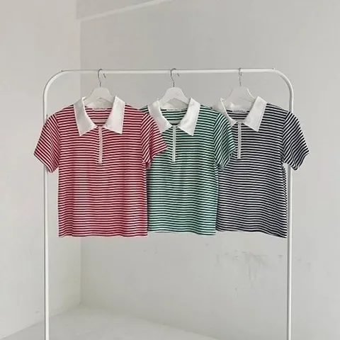 신상오픈런 KST4FF2라세미 티셔츠 데일리 면 여성 가로줄 카라넥 지퍼18175167597559