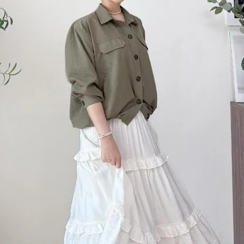옷자락 여성 클래식 밑단스트링 셔링 7부 셔츠 남방