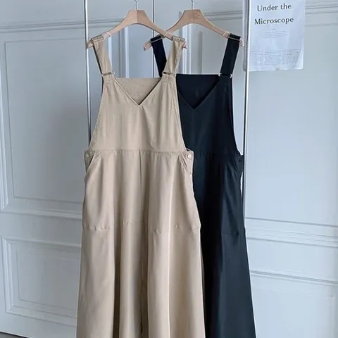 신상오픈런 |CDO565F|여성 브이넥 멜빵 롱 원피스 심플 플레어 드레스