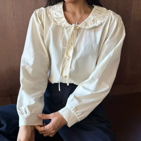 옷자락 여자 SS 잔주름 리본 면원단 엷은 카라넥 블라우스