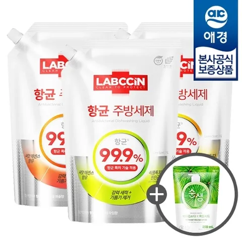 애경 [비밀] 랩신 항균 주방세제 리필 1L x3개 +주방세제200ml 증정