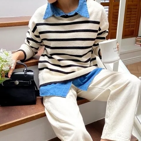 신상오픈런 CHT5EF9넷처토 스웨터 여성 티셔츠 가로줄 줄무늬 롱슬리브18154708597559