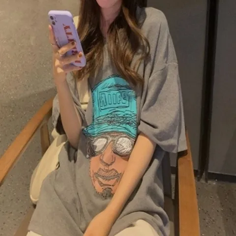 기타 안경아저씨 프린팅 오버핏 반팔 그레이 (KYR-WFFUMOL)