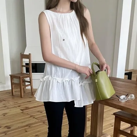 셀러허브 패션 여자 슬리브리스 롱 밑단 나일론 프릴 블라우스 셔츠 (51630524)