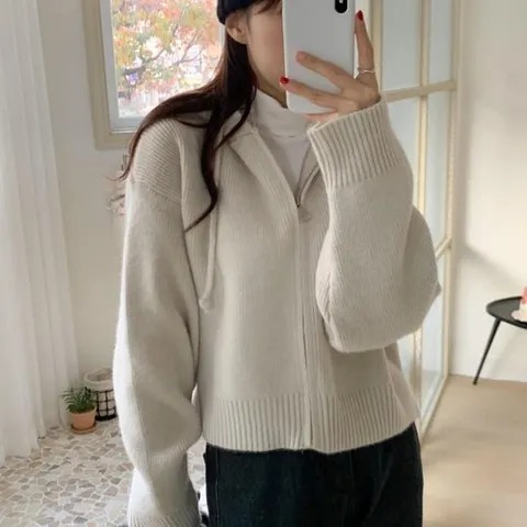 옷자락 여자 박시핏 세미크롭 니트후드집업 스웨터 FW 자켓