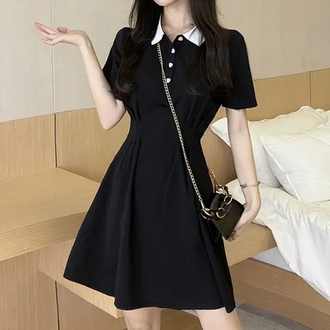 기타 카라배색 하트단추 반팔 원피스 HH-D72 (KYR-WBE167A)