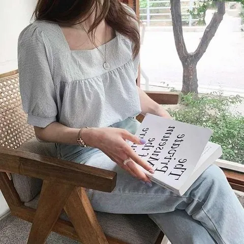 셀러허브 패션 [오노마] ONM 편한 패턴 반팔 스퀘어넥 셔링 체크 여성 (19305258)