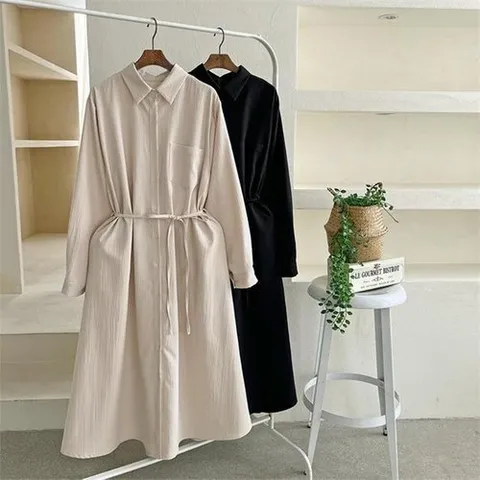 셀러허브 패션 여자 무지 허리끈 셔츠핏 검정색 롱원피스