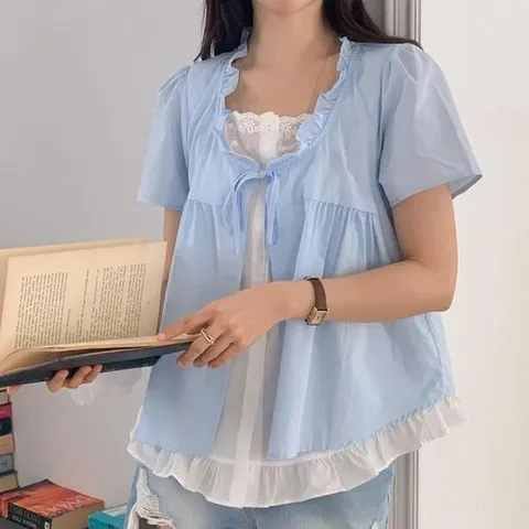 셀러허브 패션 여자 레이어드 배색 레이스 프릴 이중 블라우스