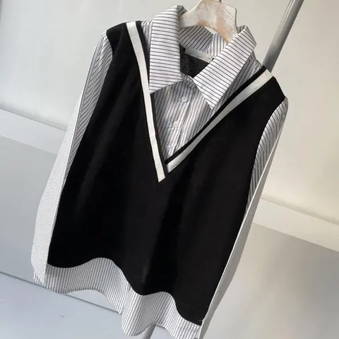 패션플러스 [강물처럼] 빅사이즈사랑해요 C576L402 조끼배색카라잔줄셔츠 BS (13141858A)