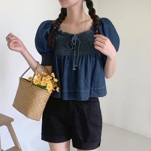 H스타일 DK볼륨스모크청BL 여성 블라우스_P341553065