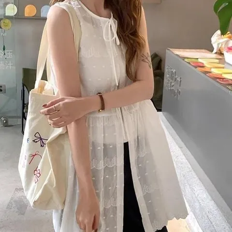 셀러허브 패션 [라일리여성의류] Rly 리본 여밈 디테일 코튼 화이트 자수 레이어드 원 (51078829)