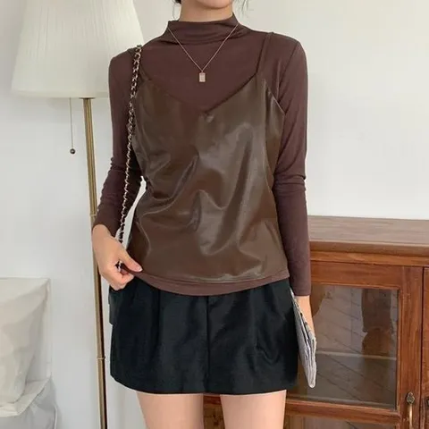 셀러허브 패션 여자 겨울 시크룩 레더 뷔스티에 티셔츠 세트