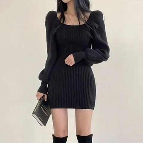 엄지척 벌룬소매 겨울 미니 슬림 라인 원피스 여성스러운코디19871826667501