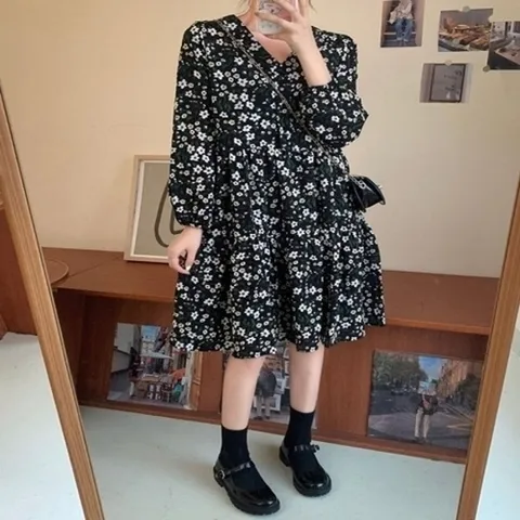 엄지척 플라워원피스 쉬폰원피스 셔링 롱원피스 브이넥 여자19870690667501