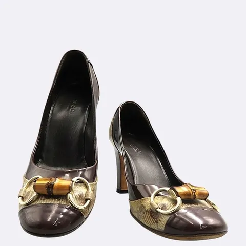 구찌 고이비토 중고명품 Gucci(구찌) 203946 브라운 페이던트 레더 GG 로고 캔버스 뱀부 장식 힐 구두 - 235MM