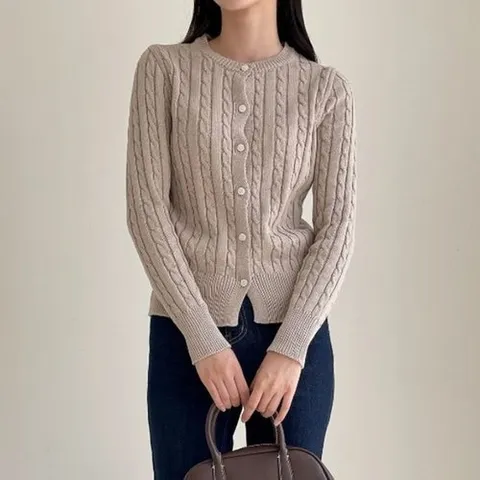 옷자락 여자 봄 가을 데일리 꽈배기 세미크롭 슬림 가디건_P368075268