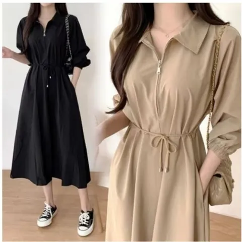 기타 A라인 원피스 카라 집업원피스 베이지 블랙 집업카라 (KYR-WD8CB42)