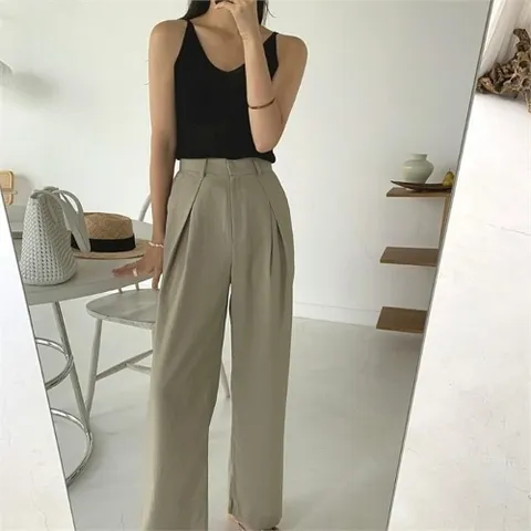 셀러허브 패션 론 와이드 핀턱  와이드 여름 슬랙스 베이지