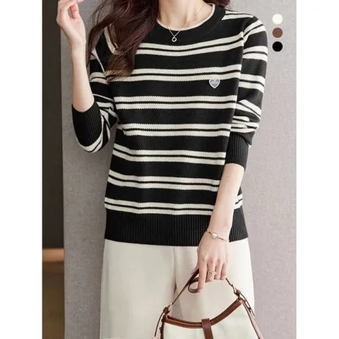 비바로그 세라 라운드넥 배색 스트라이프 니트_P369856960
