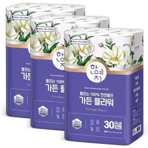한예지 [S] 한예지 가든 플라워 천연펄프 화장지 3겹 30m 30롤 3팩