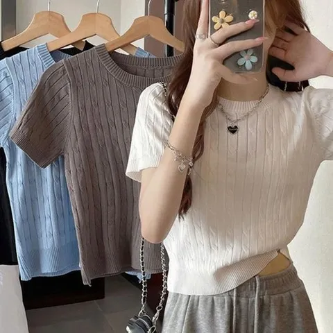 셀러허브 패션 [오노마] ONM 여성 캐주얼 반팔니트 탑 케이블짜임 여름니트 꾸안꾸