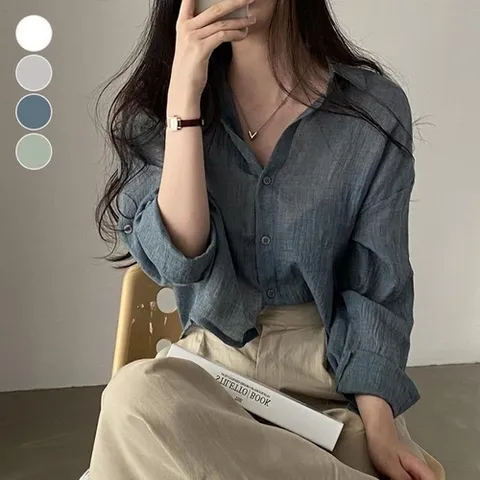 셀러허브 패션 루즈핏 시스루 솔리드 숏 긴팔셔츠 EL_1008185 (49192830)