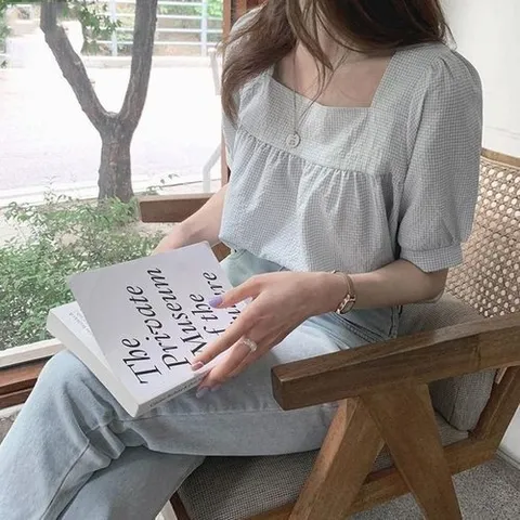 셀러허브 패션 [오노마] ONM 데일리 여성 스퀘어넥 셔링 체크 패턴 반팔 (28457955)