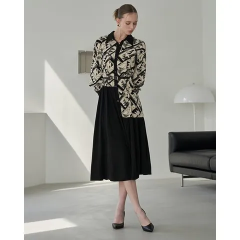 르니앤맥코이 언발런스 도형패턴 나염 롱 원피스