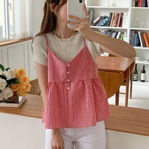 제이0 제이0]깅엄 체크 뷔스티에 나시 블라우스