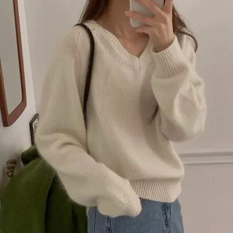 셀러허브 패션 5컬러 라쿤니트 울 새들 오버핏 그레이 브이넥니트