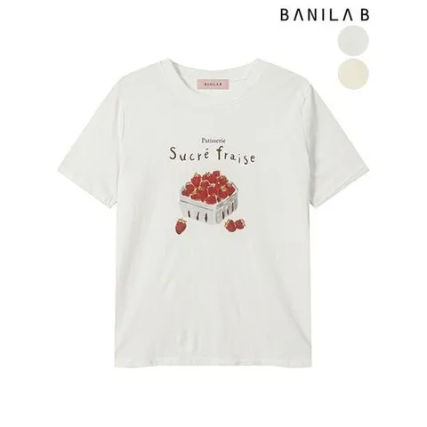 바닐라비 여성 딸기 프린팅 반팔 티셔츠_P394147374