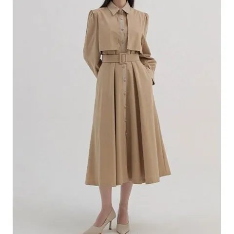 셀러허브 패션 (sale/당일) 배색 트렌치 벨트 세트 플레어 롱 원피스