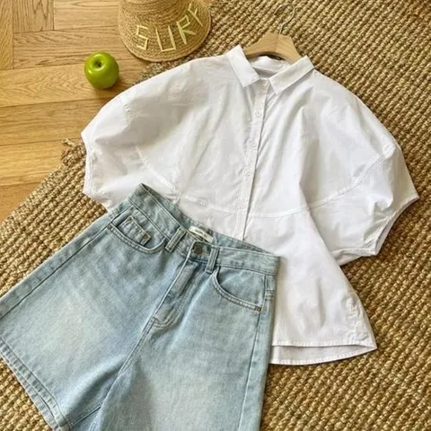 셀러허브 패션 여자 그린 화이트 박시 플레어 반팔 셔츠