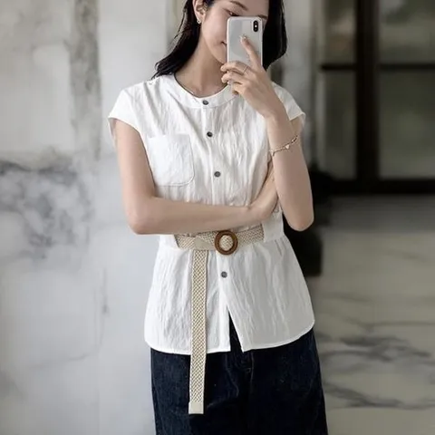 옷자락 여성 여름 사무실룩 파스텔 면 소매 블라우스 벨트_P400291162