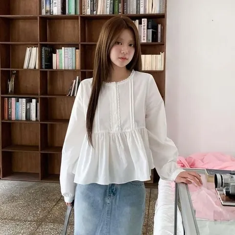 옷자락 여자 코튼 무지 레이스 a라인 플레어 블라우스_P407792606