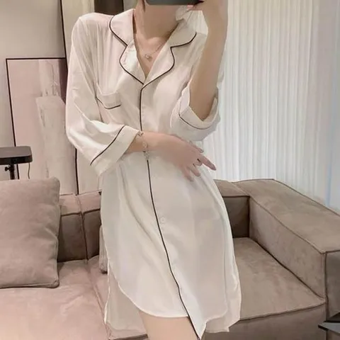 셀러허브 패션 [프로셀러] 7부소매 실크 셔츠 홈웨어 잠옷 언장 밑단절개 (23548768)