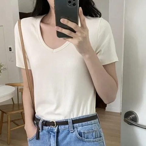 셀러허브 패션 여자 여름 브이넥 무지 심플 골지 반팔 티셔츠
