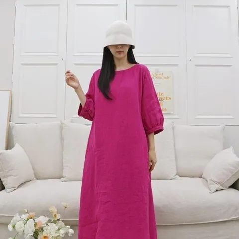 옷자락 여자 벌룬소매 마원단 쿨 SS 라운드 후레아 원피스