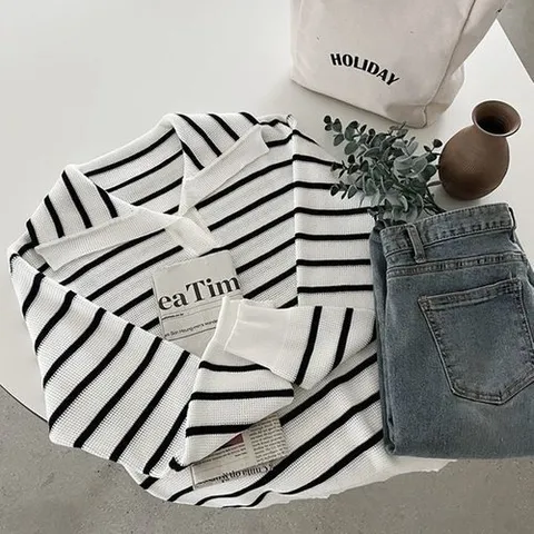 마미스클로젯 루즈핏 여성 카라넥 반오픈 봄 간절기 데일리 단가라 긴팔 니트 티셔츠 JR-WKN-2885-아이보리_P353358958