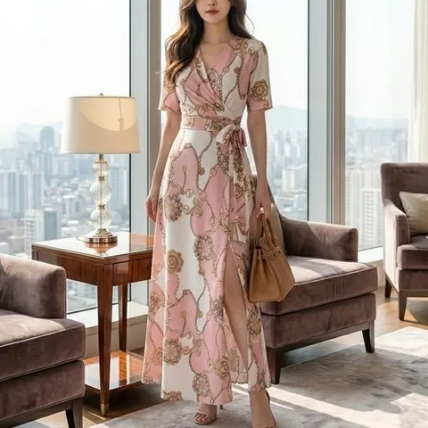 옷자락 여자 고급스러운 패턴 하객룩 데이트룩 모임룩 랩 롱원피스_P424544930