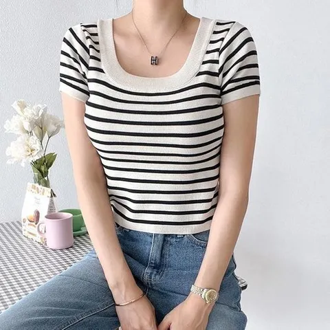 셀러허브 1 U넥 스트라이프 반팔